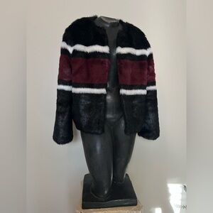 Catherine Malandrino Black, White, and Burgundy Faux Fur Coat